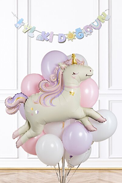 PEKSHOP Unicorn Tema Doğum Günü Balon Seti Retro Unicorn Balon ve Bannerlı Set