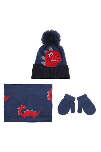 OEM Blue Hat with Pom Pom, Circular Scarf & Dinosaur Pattern Gloves for Kids