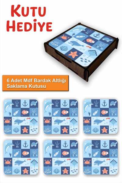 UNT Sea Themed 6-Piece Mdf Coaster Set |   Cute Ocean Patterns |   Wooden Box...