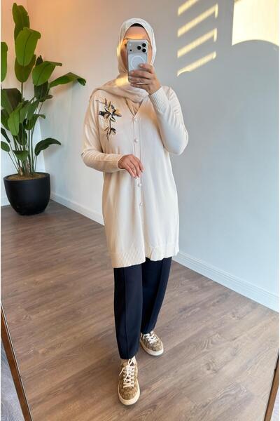 Mahhar Merserize Nakış Detaylı Hırka Tunik - VANİLYA