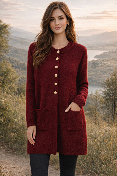 Noreva Mode Kadın Angora Triko Cepli Ceket Uzun Model Düğmeli Yumuşak Dokulu