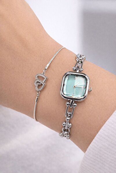 SEES AKSESUAR Kadın Gümüş Metal Saat & Taşlı Bileklik Seti
