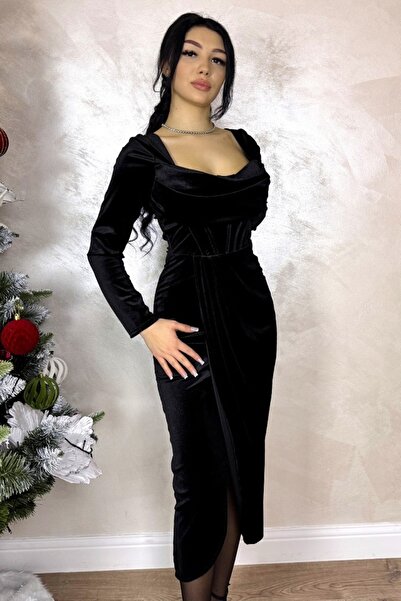 FashionForYou Occasion dress, velvet Kassia, with wrap look, Black, Size S/M