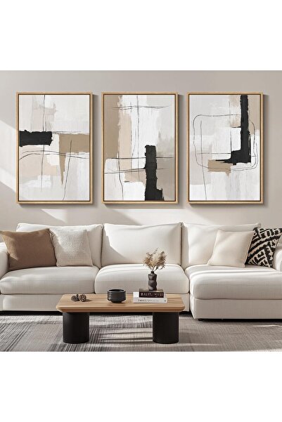 ALAYRA International مجموعة من 3 لوحات فنية تجريدية محايدة مؤطرة على قماش (40...