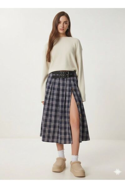 PINTORE Women's Navy Blue Belted Checkered Flared Woven Skirt