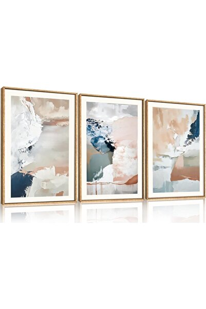 ALAYRA International مجموعة من 3 لوحات فنية تجريدية محايدة مؤطرة على قماش (40...