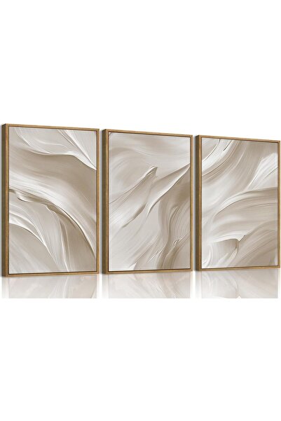 ALAYRA International مجموعة من 3 لوحات فنية تجريدية محايدة مؤطرة على قماش (40...