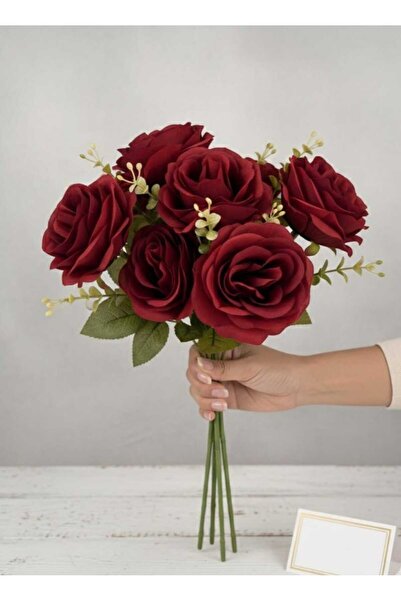 ENRUFLORA Yapay 7 Kafalı Şimşir Aranjmanlı Bordo Gül Buketi