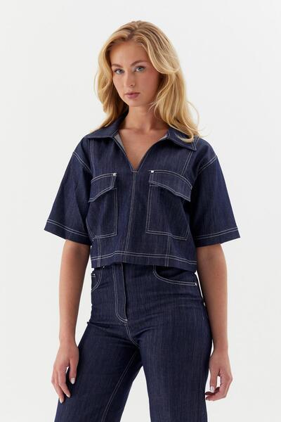 ONNO PRIVE Short Sleeve Jacket with Front Pockets Indigo