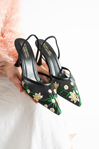 Lebibe Shoes Pantofi cu toc negru cu bandă texturată de 7 cm din tul brodat c...