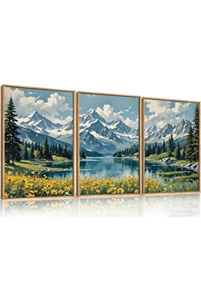 ALAYRA International مجموعة من 3 لوحات فنية تجريدية محايدة مؤطرة على قماش (40...