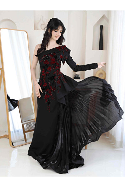 Nice Model فستان سهرة أسود مطرز بالدانتيل الأحمر | فستان بكتف واحد | ملابس رس...