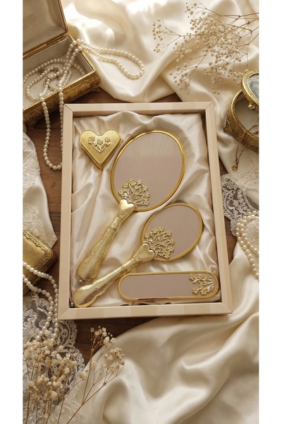 Azresa 4'lü Çeyizlik Ayna Tarak Seti Gold - Gelin Bohçası Hediyelik Bakım Seti