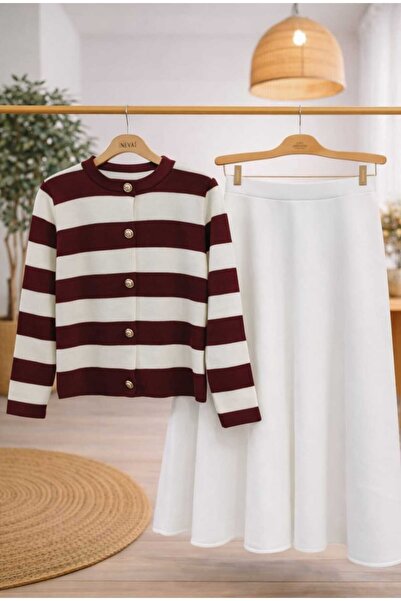 MODA VEDAT Women's Striped Knit Cardigan - Scuba Skirt Set -0410