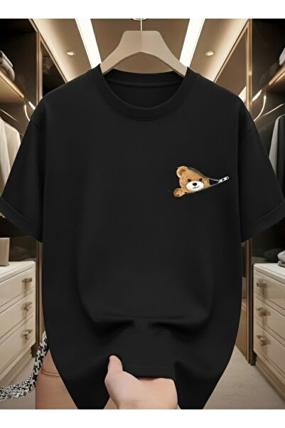 one button تي شيرت أساسي عادي بتصميم دب بسحاب للجنسين