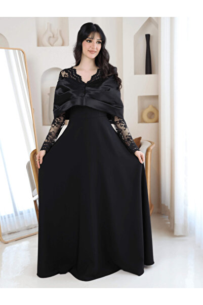 Nice Model Elegant Black Lace Evening Dress Long Formal Gown with Satin Shawl...