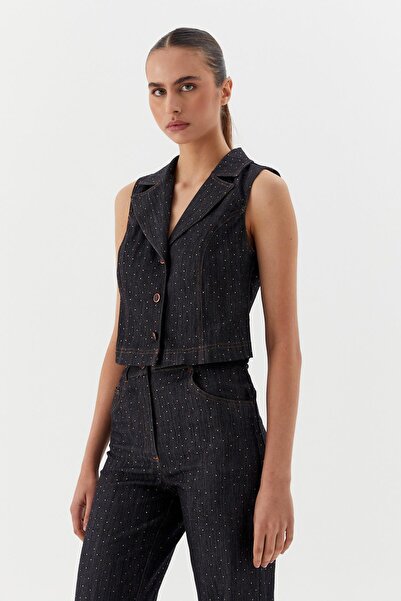 ONNO PRIVE Serpme Taşlı Denim Yelek Siyah