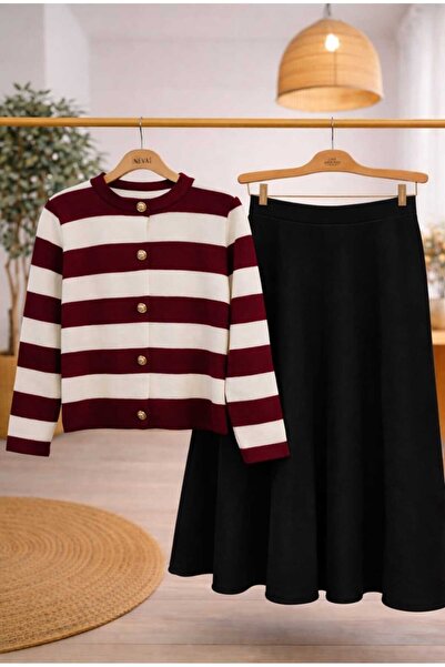 MODA VEDAT Women's Striped Knit Cardigan - Scuba Skirt Set -0410