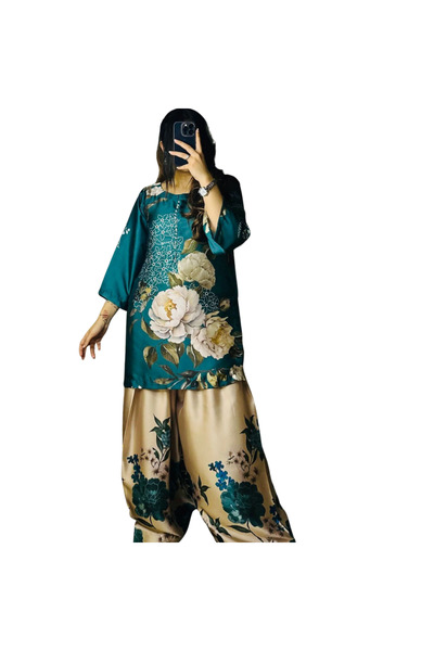 MYSMAR Green Crepe Kameez Salwar & Dupatta - HRT3170 | Green