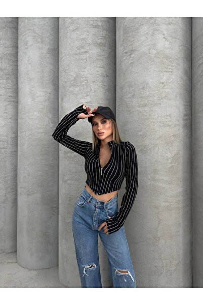 AYLFARWEAR Çizgili Ottoman Kumaş Parmak Geçmeli Fermuarlı Crop