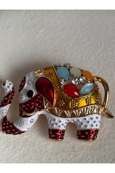 BHR AKSESUAR Turuncu Zirkon Taşlı Fil Broş (3.9 cm)