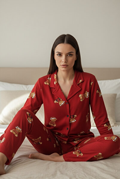 Zekalya Teddy Bear Patterned Milan Fabric Shirt Collar Red Women's Pajama Set