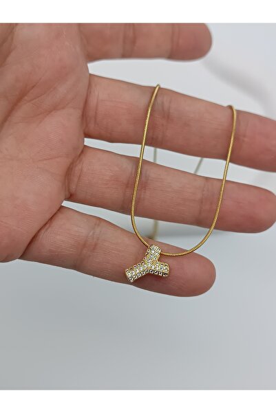 LAgül Aksesuar 316L Çelik Kararmaz Taşlı Gold Harf Kolye Y Harfi