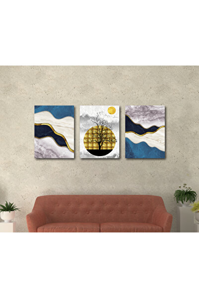 M&H Quality Navy Blue Gold Marble Pattern 3-Piece Mdf Painting Set – Moon and...