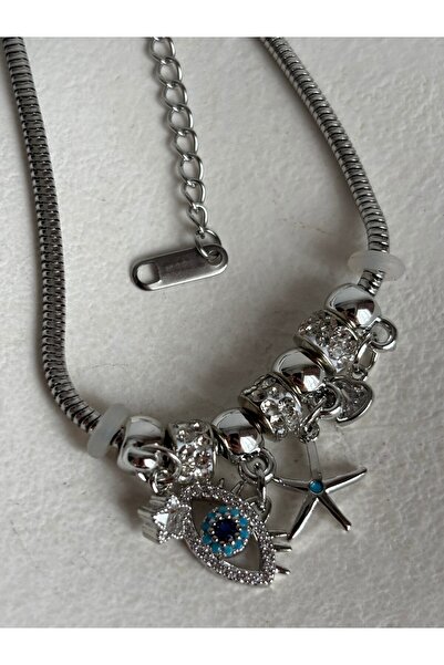 BHR AKSESUAR Silver Zircon Stone Starfish and Evil Eye Beaded Charm Bracelet