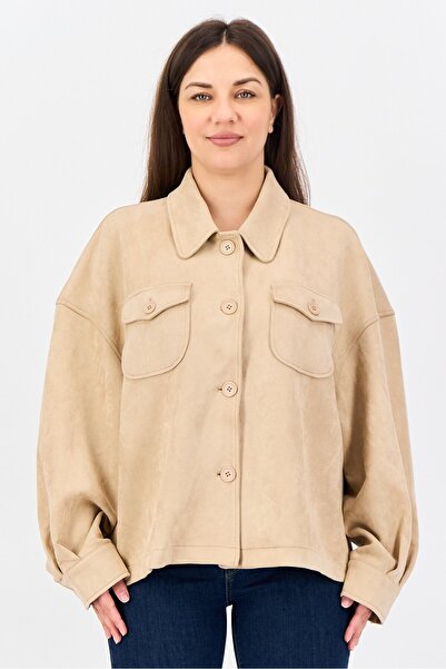 Bagatelle Women Solid Suede Jacket Shirt, Beige