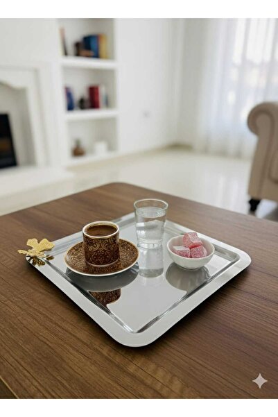 defnem home 6 Adet Tek Kelebekli Kare Krom Tepsi, Sunum Tepsisi