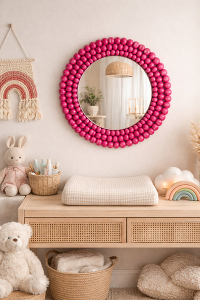BOHEM Pembe boncuklu 30 cm bebek odası aynası & Pembe Yuvarlak Ayna