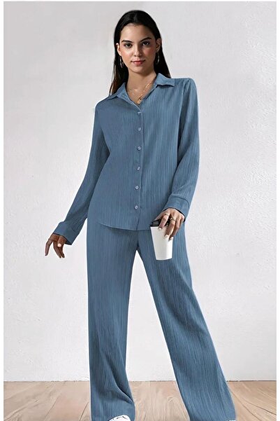 iza Women Textured Collar Shirt & Trouser co-ord set