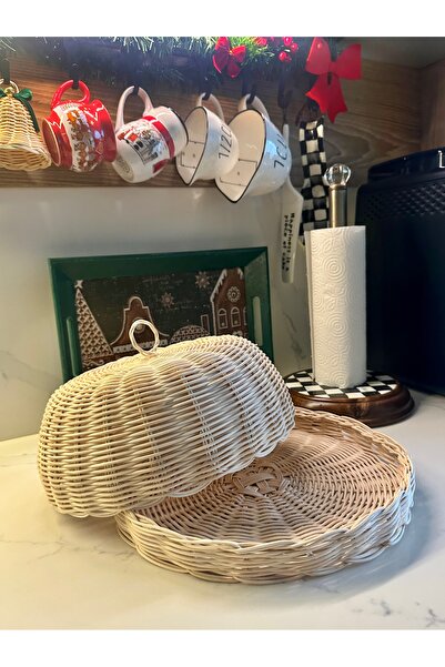 Lovenwoven Rattan Standlı Kek Fanus Kapağı Kapaklı Kek Standı