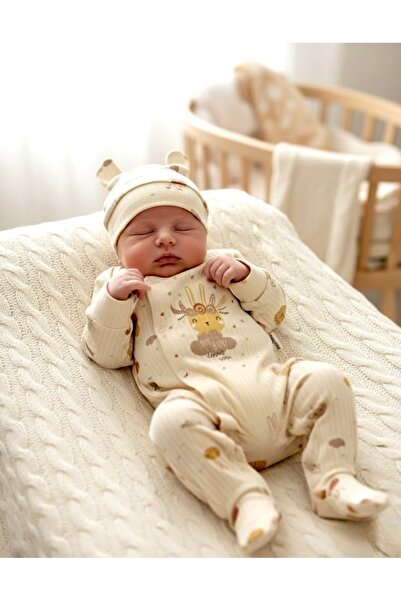 BEREN %100 Pamuk Fitilli Tavşan Figürlü Şapkalı Bebek Tulum
