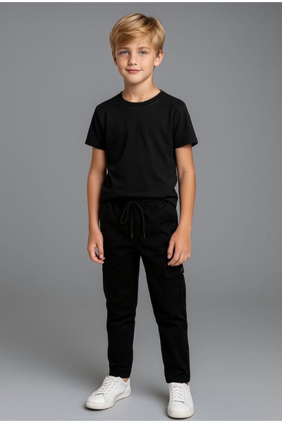 BEGONYA BEBECE KIDS Gabardine Black Cargo Pocket Piece Pants