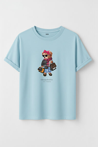 DK DAKSEL Women's Shopaholic Teddy Bear Printed Crew Neck Cotton T-Shirt