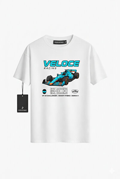 PERISENSE تي شيرت للجنسين FORMULA VELOCE مطبوع من القطن الممشط الفاخر قصة فضفاضة