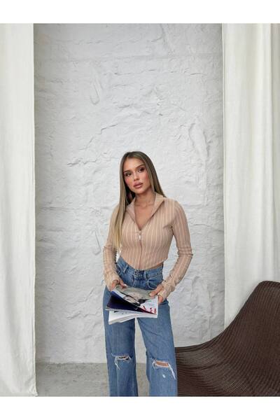 AYLFARWEAR Çizgili Ottoman Kumaş Parmak Geçmeli Fermuarlı Crop