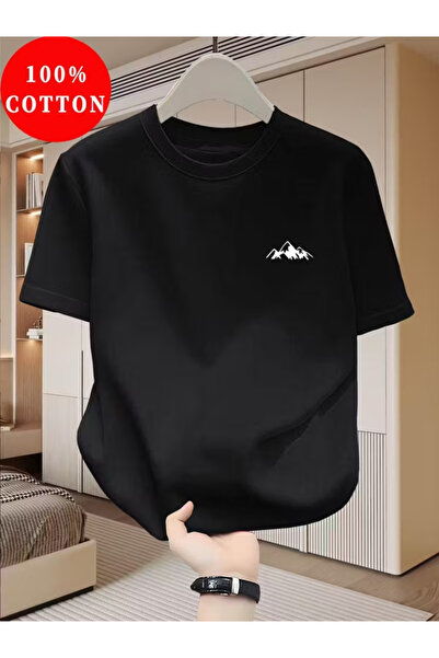 one button Unisex Mountain Design Basic Crew Neck Regular T-Shirt 100% Cotton