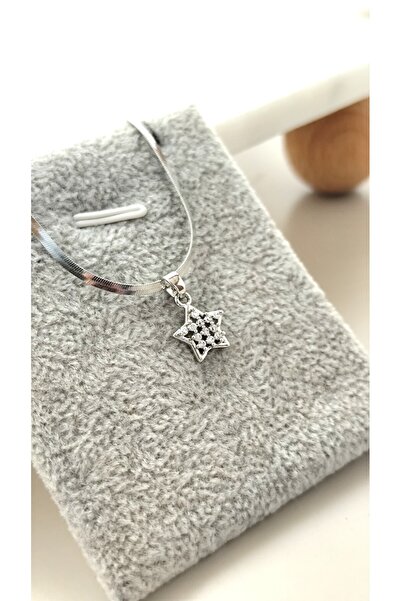 DİAVENTA TAKI VE AKSESUAR 316L Steel Star Zircon Stone Silver Steel Necklace-45