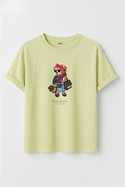DK DAKSEL Women's Shopaholic Teddy Bear Printed Crew Neck Cotton T-Shirt