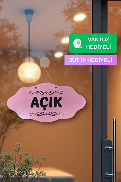 Kutaydan Dekoratif AÇIK-KAPALI Tabelası – Jüt İp ve Vantuz Hediyeli - Pembe