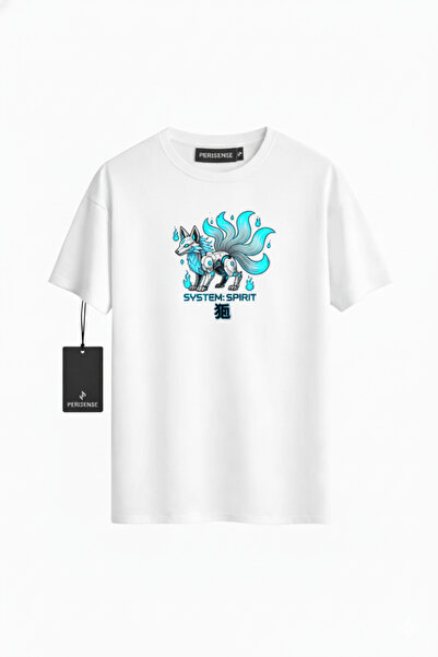 PERISENSE تي شيرت للجنسين CYBER KITSUNE مطبوع من القطن الممشط الفاخر قصة فضفاضة