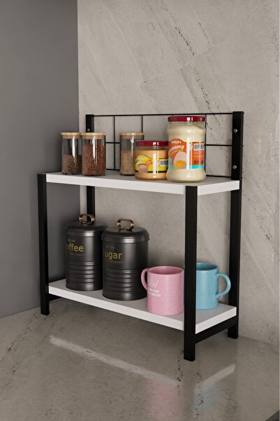 steel desing 2 Katlı Tezgah Üstü Mutfak Rafı | Metal Çerçeveli Baharat & Kahv...