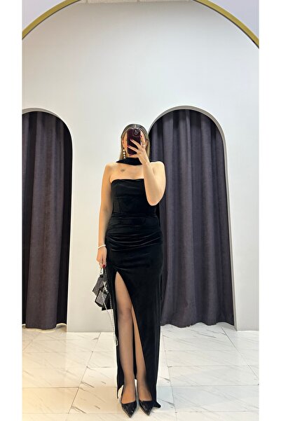 MERVENS Şal Detaylı Kadife Yırtmaçlı Elbise