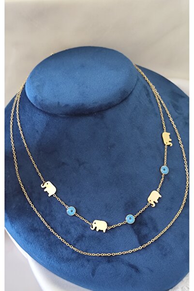 DİAVENTA TAKI VE AKSESUAR 316L Steel Evil Eye Beaded Lucky Elephant Model Gol...