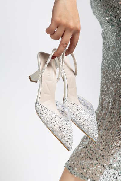 Genetti Eira Women's Pointed Toe Tulle Stone Pearl Detailed Slingback Thin He...