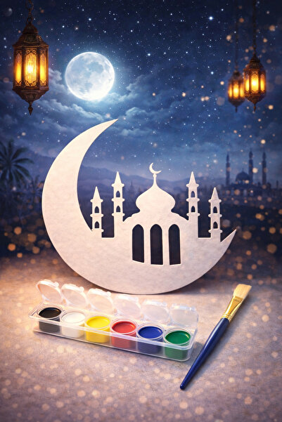 Çocuklara Özel Boyanabilir Ramazan Cami Figürü – 6’lı Akrilik Strip Boya ve Fırça Dahil