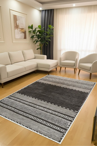 CENTER AVM Siyah Gri Halı Salon Halısı Makinede Yıkanabilir Halı Kaymaz Taban...